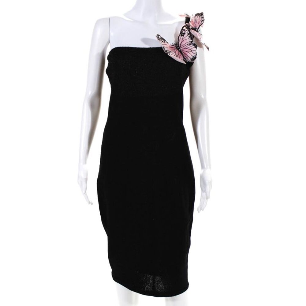 Zang Toi Womens Sequin Beaded Butterfly Knit One Shoulder Dress Black Size Small